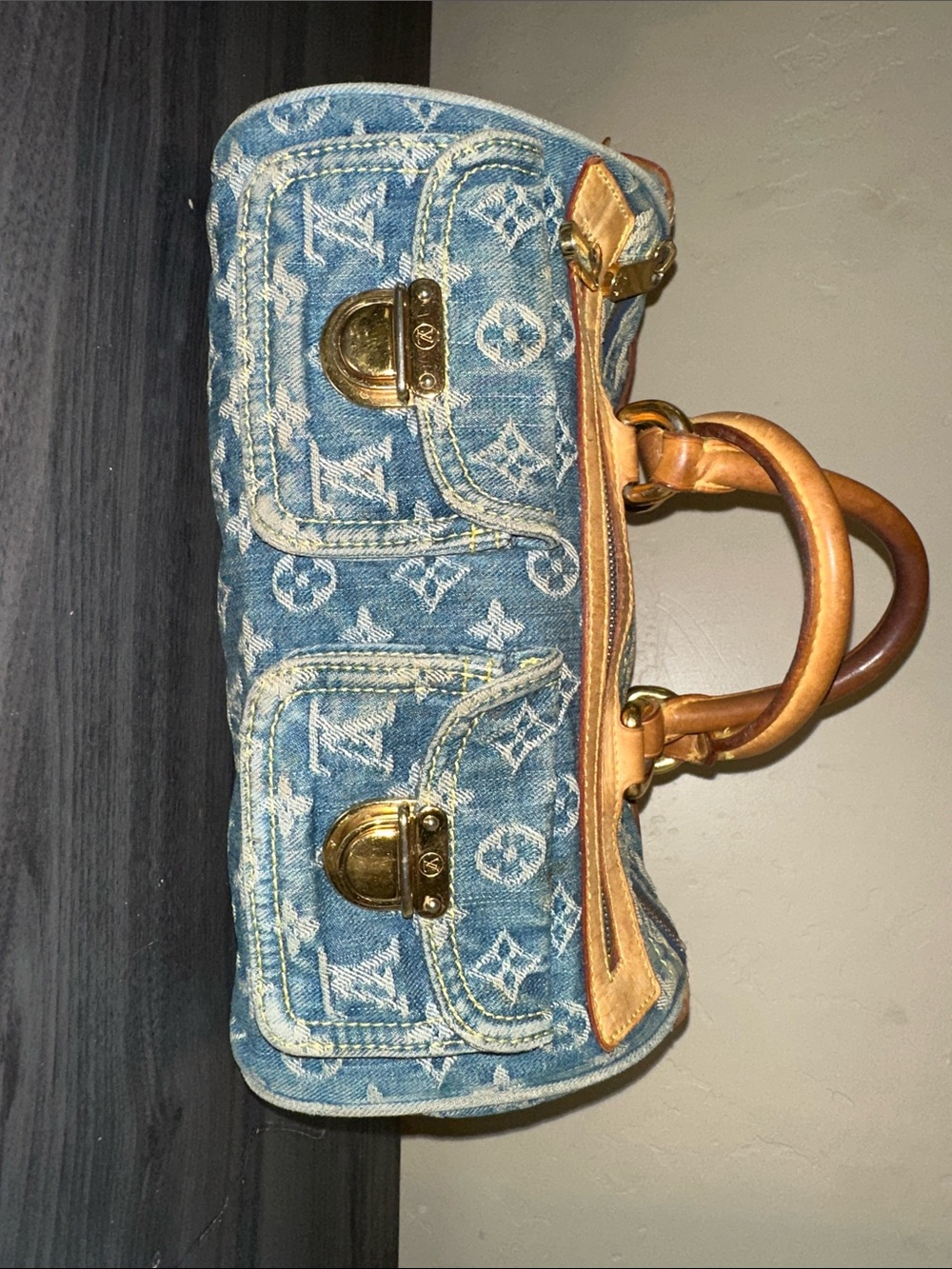 Louis Vuitton Blue Denim Speedy Monogram Satchel with Tan Leather Trim - Picture 13 of 13